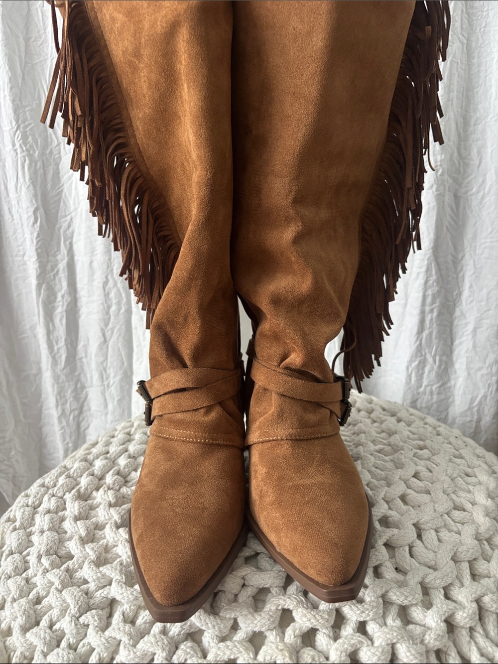 Fringed Tall Suede-Look Heeled Boots in Brown - Picture 3 of 9